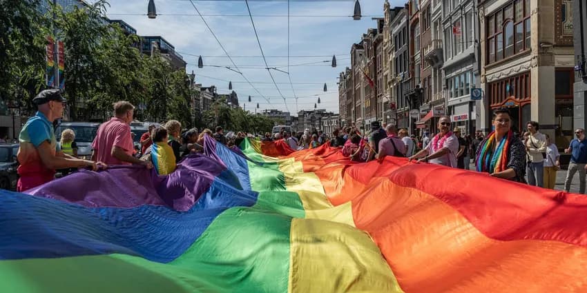 A crowd of people marching with a pride flag.
