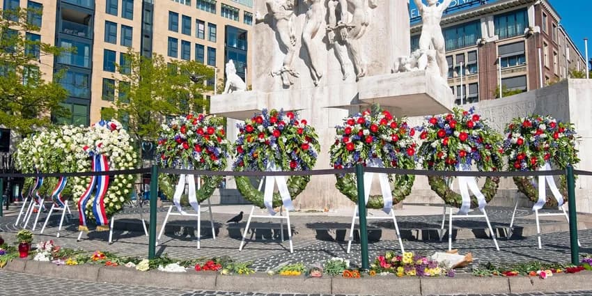 Amsterdam, Netherlands - May 5, 2020: Wreaths at the National Monument on the occasion of remembrance of the worldwar II in Amsterdam the Netherlands