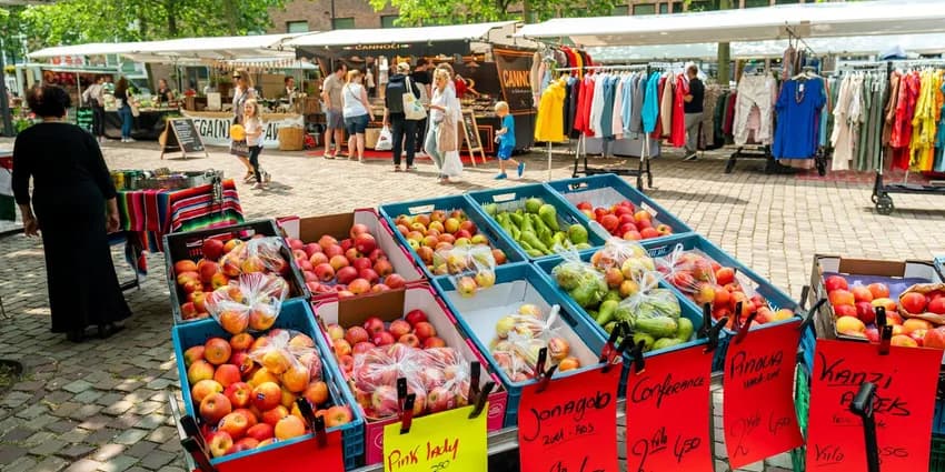 People shopping at the Reuring markt street market in IJburg