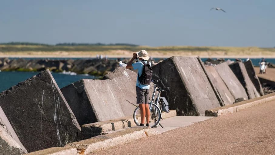 A man looking through his binoculars at Zuidpier IJmuiden.