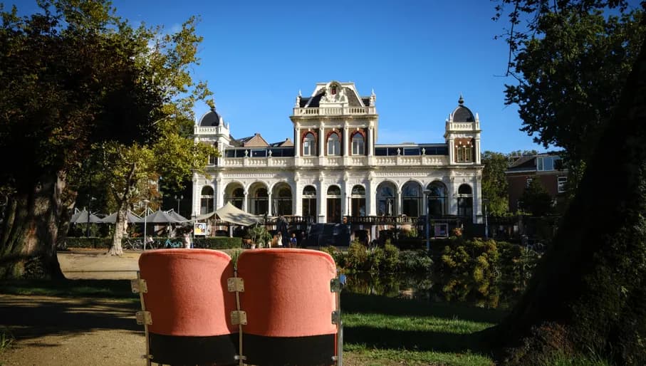 Cinema seats outside the exterior of the IDFA Vondelpark documentary pavillion.