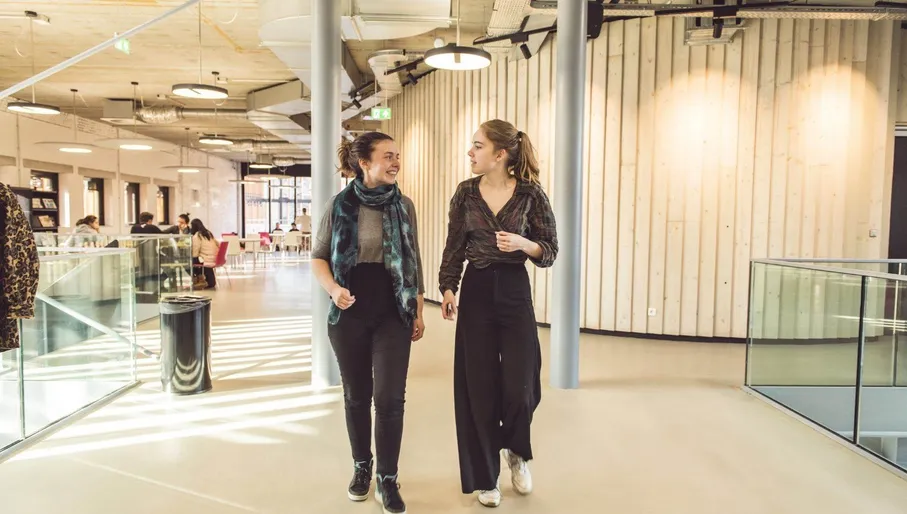 Two students walking and talking