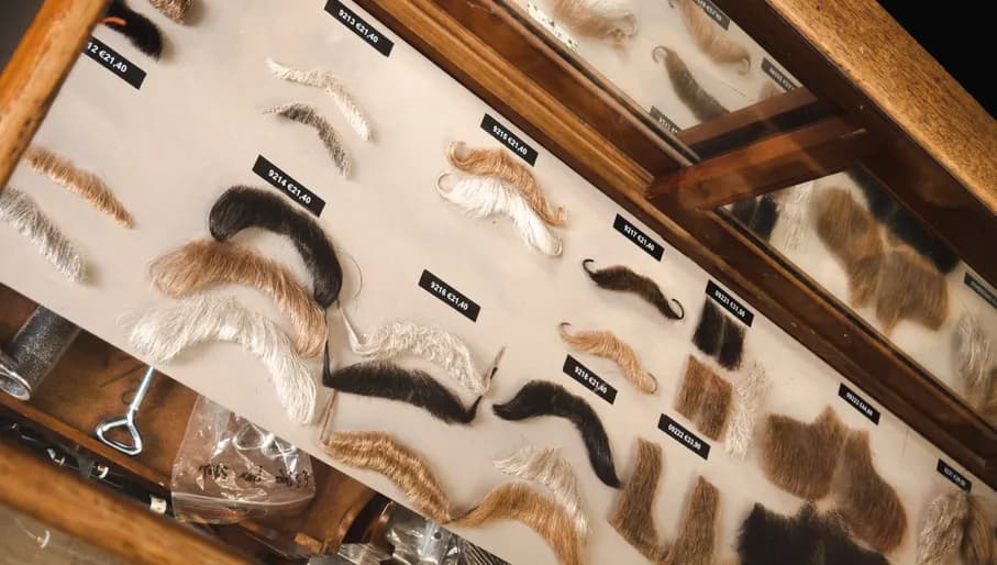 Wigs and moustache products in the interior of Back Stage beauty store