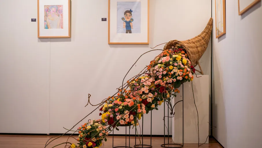 Flower art and drawings on the wall in the Flower Art Museum in Aalsmeer.