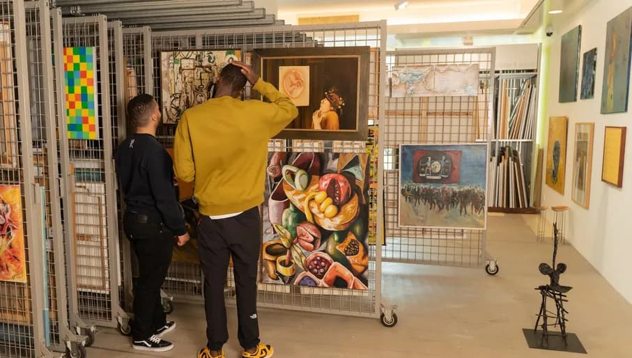 Two men visit the art loan of CBK Zuidoost.