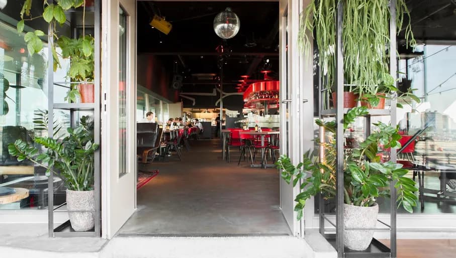 Entrance of Canvas rooftop bar Volkshotel.