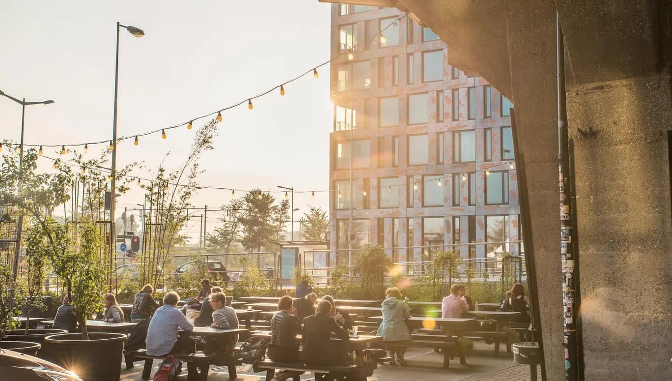 Pakhuis de Zwijger terrace at sunset