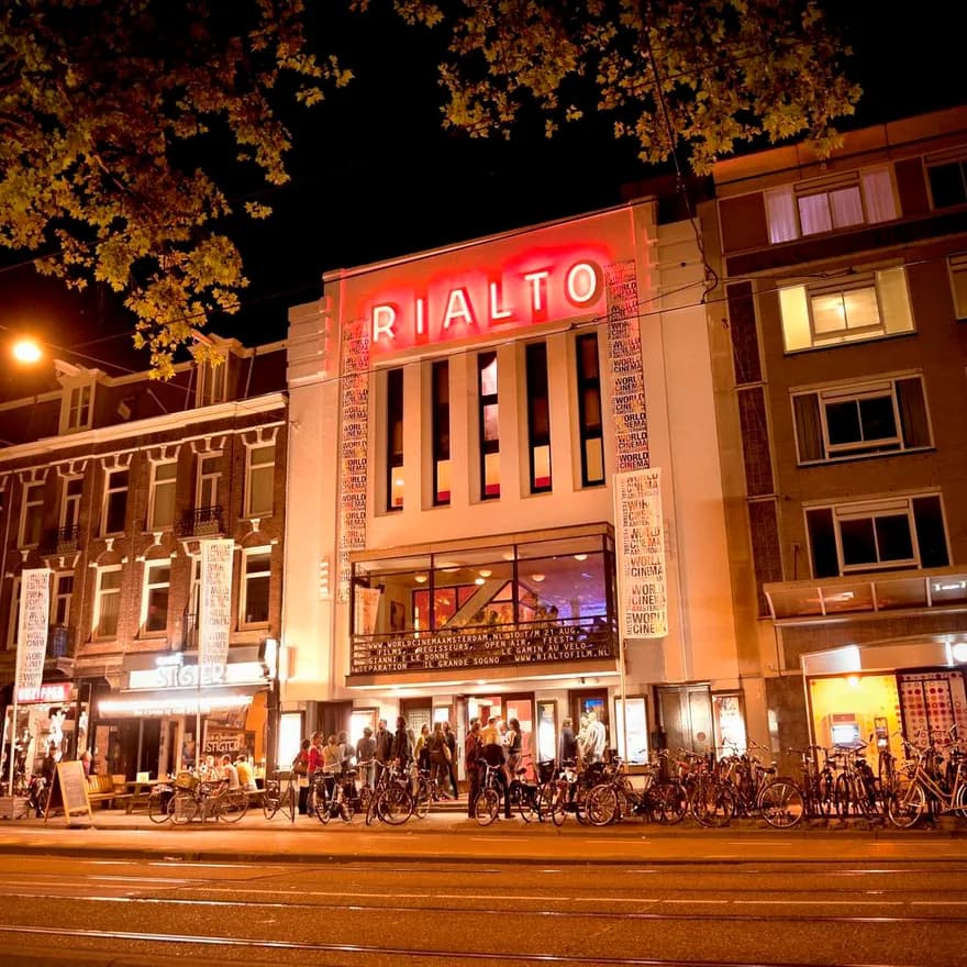 Rialto cinema front of building at night