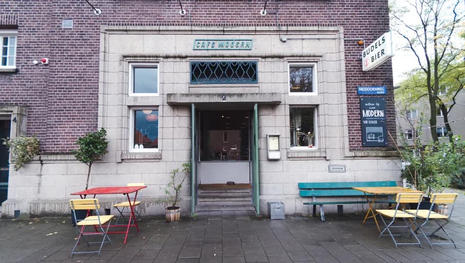 Exterior of Café Modern restaurant in Noord with terrace